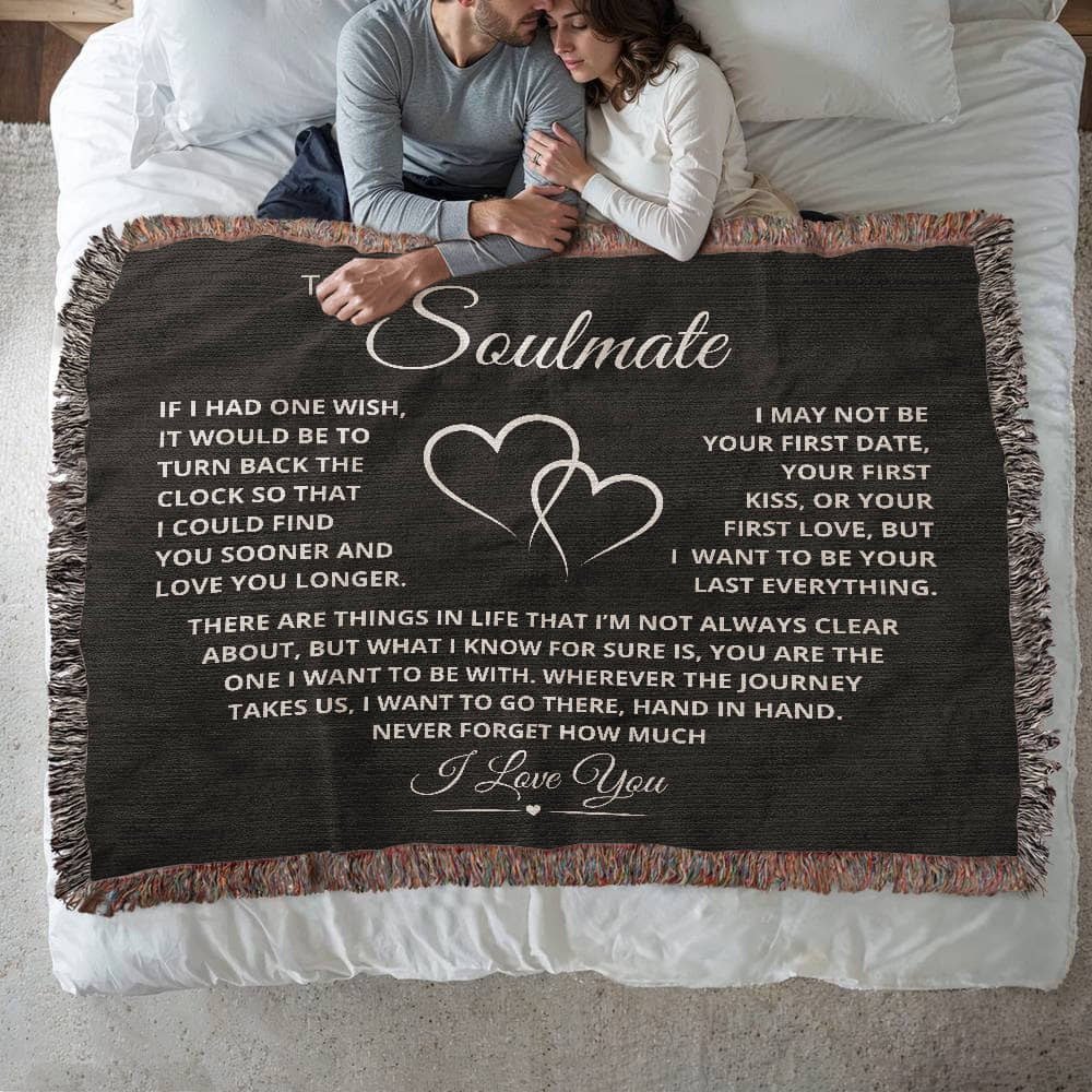 Black background heirloom woven anniversary blanket with heartfelt Last Everything message for soulmate or wife.