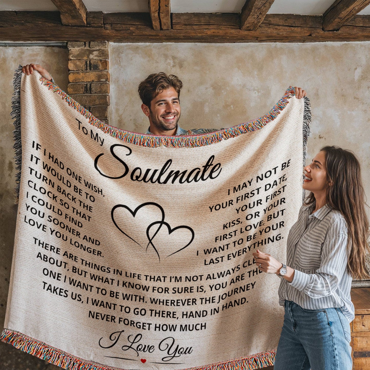Landscape woven blanket with heartfelt Last Everything to My Soulmate message, sentimental anniversary or birthday gift for her.