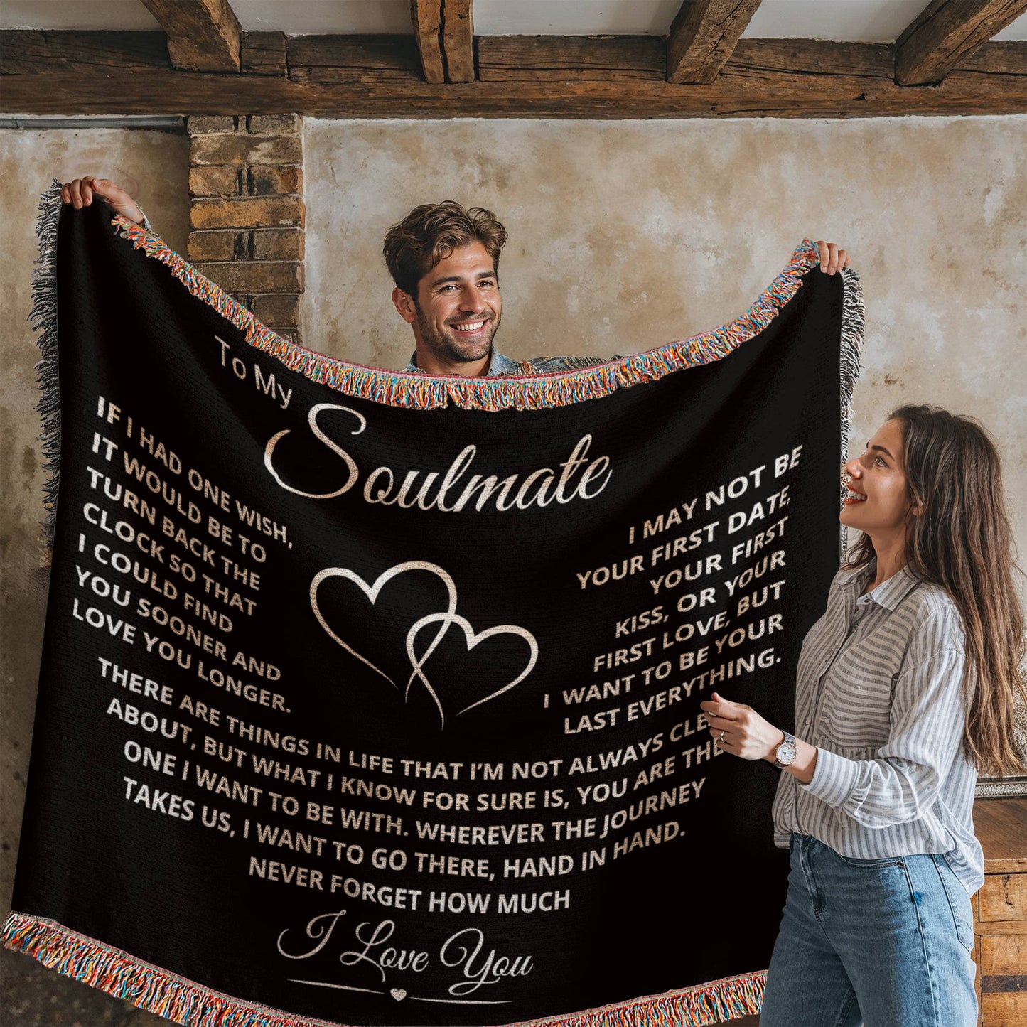 Heirloom woven blanket with Last Everything message on black background, perfect romantic gift for wife, girlfriend, or soulmate.