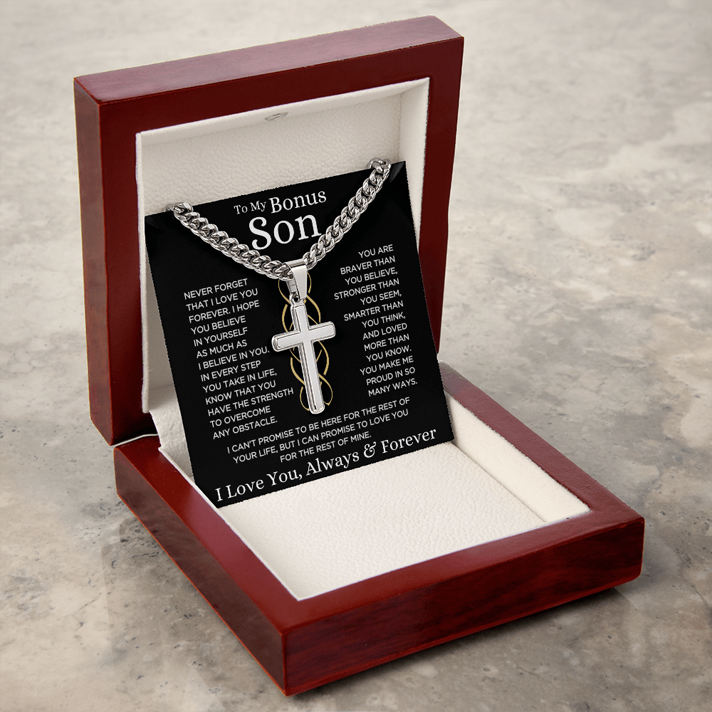 Shoptopia sentimental Cuban Chain with Artisan Cross bonus son necklace with Make Me Proud message