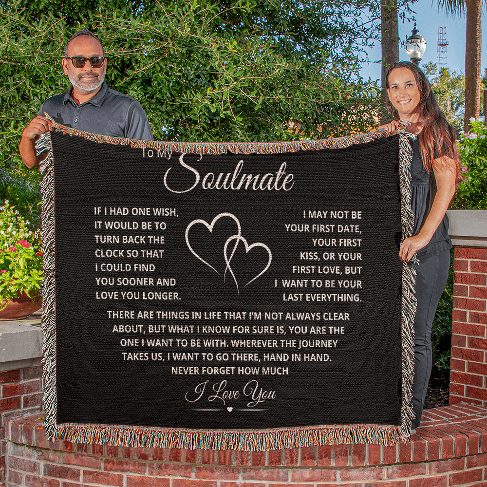 Sentimental black heirloom woven blanket with light Last Everything message, meaningful gift for wife or girlfriend.