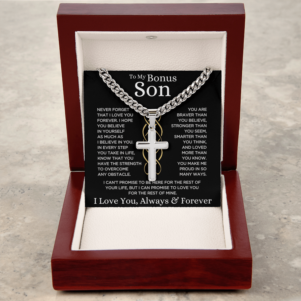 Shoptopia Cuban Chain and Artisan Cross necklace with heartfelt Make Me Proud card for bonus son
