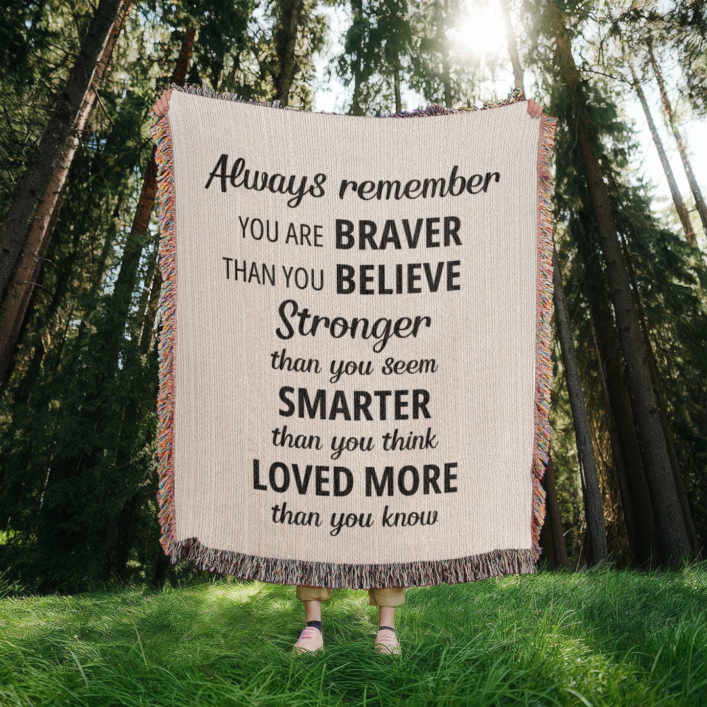 Thoughtful heirloom woven blanket featuring Always Remember message, cozy and meaningful keepsake