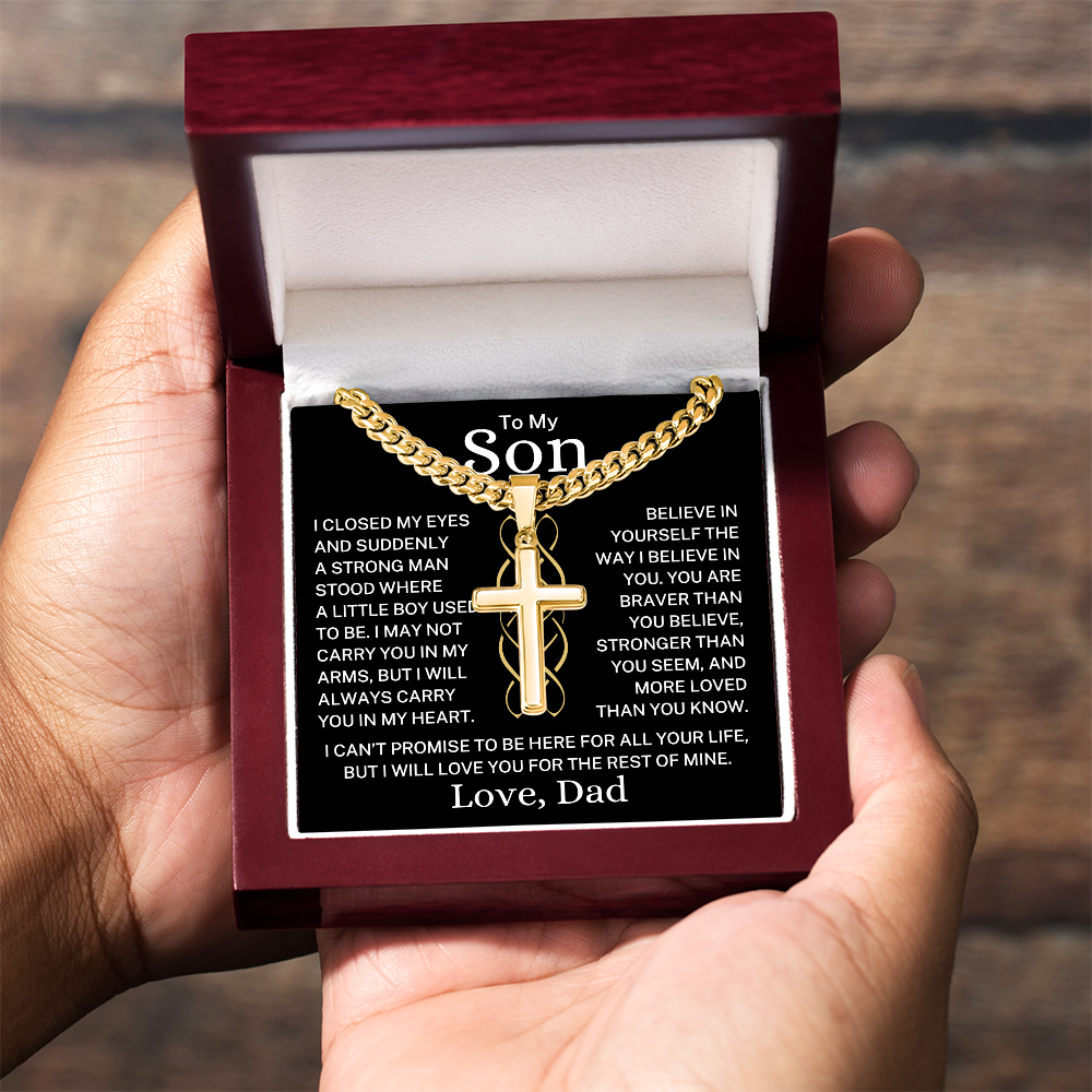 Gift for My Son Love Dad "Suddenly A Strong Man" | Artisan Cross with Cuban Chain Necklace