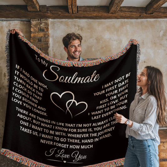 Heirloom woven blanket with Last Everything message on black background, perfect romantic gift for wife, girlfriend, or soulmate.