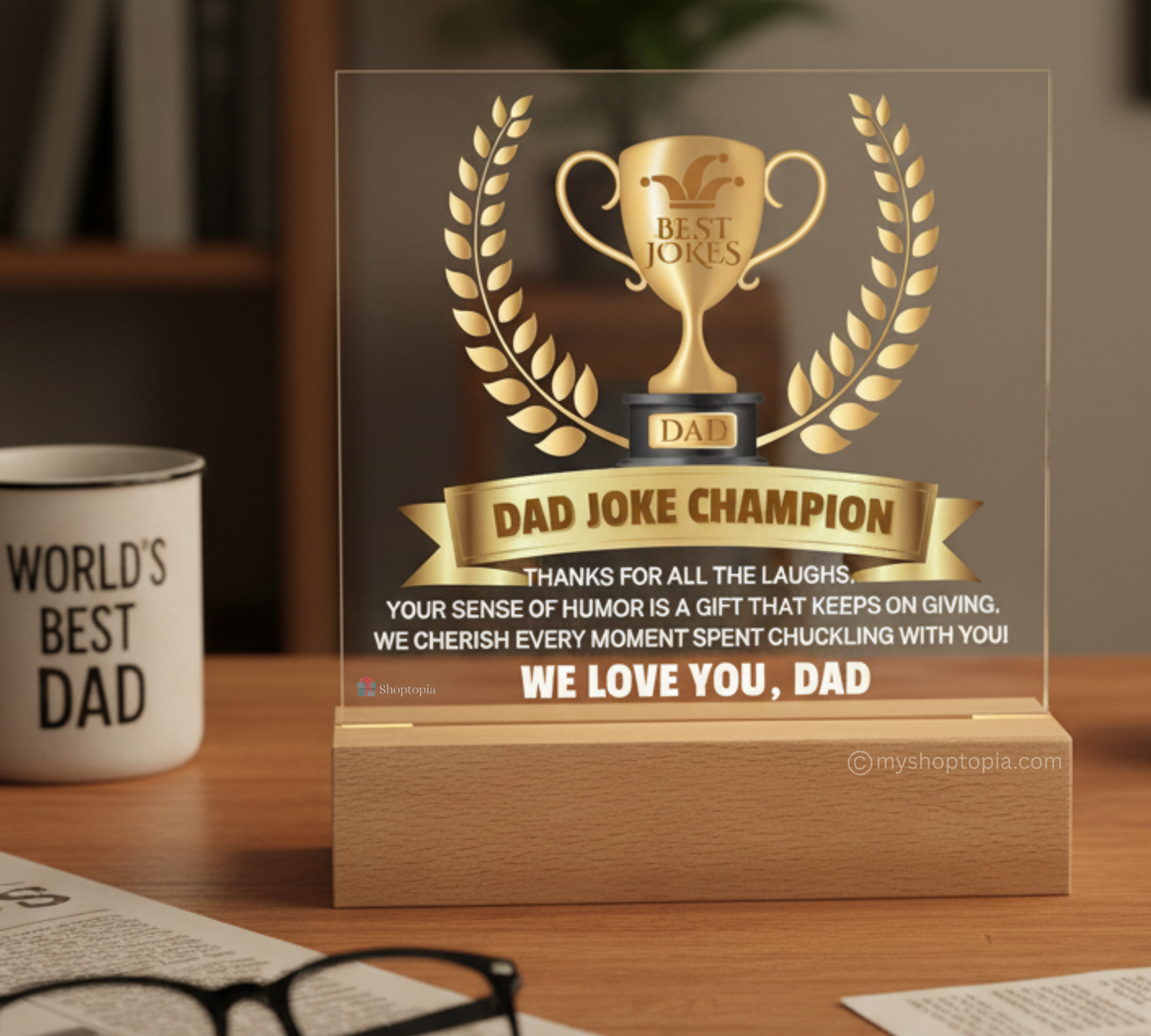 Gift for Dad "Dad Joke Champion" | Acrylic Plaque With Lighted Base