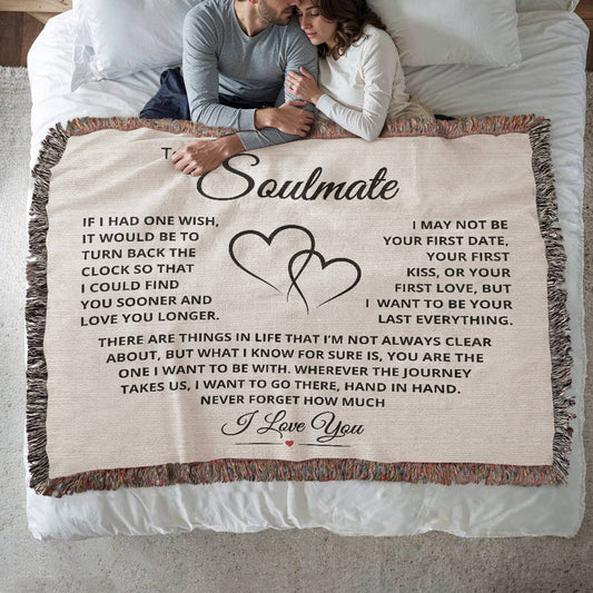  Heirloom woven landscape throw blanket with Last Everything to My Soulmate message, romantic gift for wife or girlfriend.