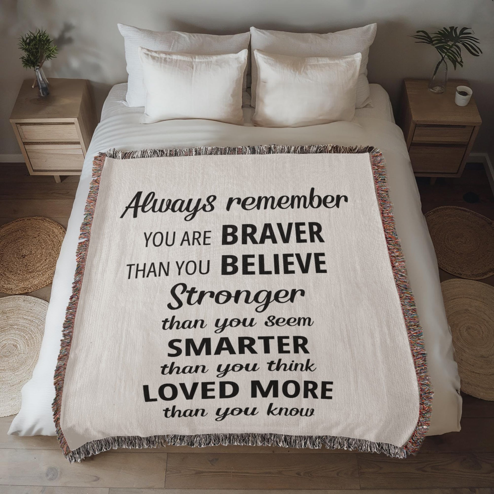 Meaningful Shoptopia heirloom woven blanket with Always Remember message, perfect heartfelt gift