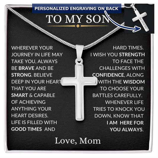 To My Son Love Mom | Personalized Cross Necklace - Two Toned Box Shoptopia Jewelry