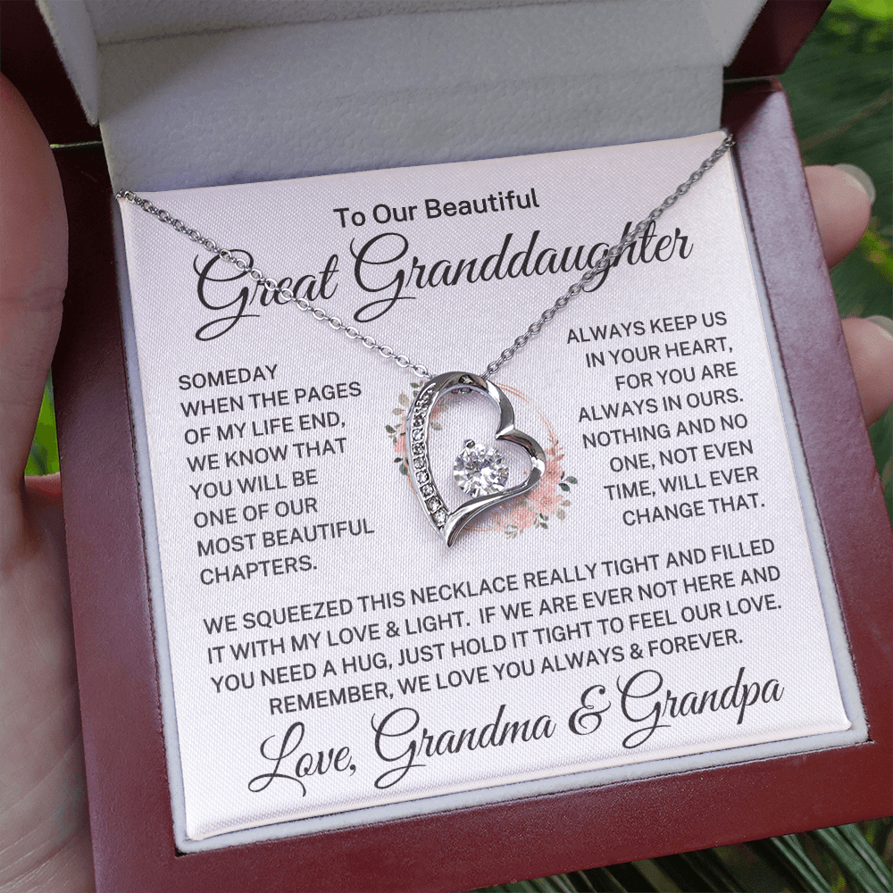 Gift for Great Granddaughter Love Grandma & Grandpa "Beautiful Chapters" | Forever Love Necklace