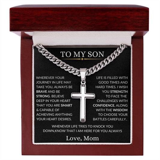 To My Son Love Mom | Cuban Chain with Cross | Personalization - Luxury Box w/LED Shoptopia Jewelry