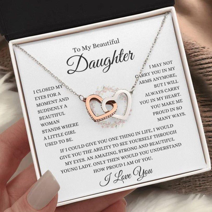 To My Daughter | Wreath | Interlocking Hearts Necklace - Polished Stainless Steel & Rose Gold Finish / Standard Black & White Box Shoptopia Jewelry