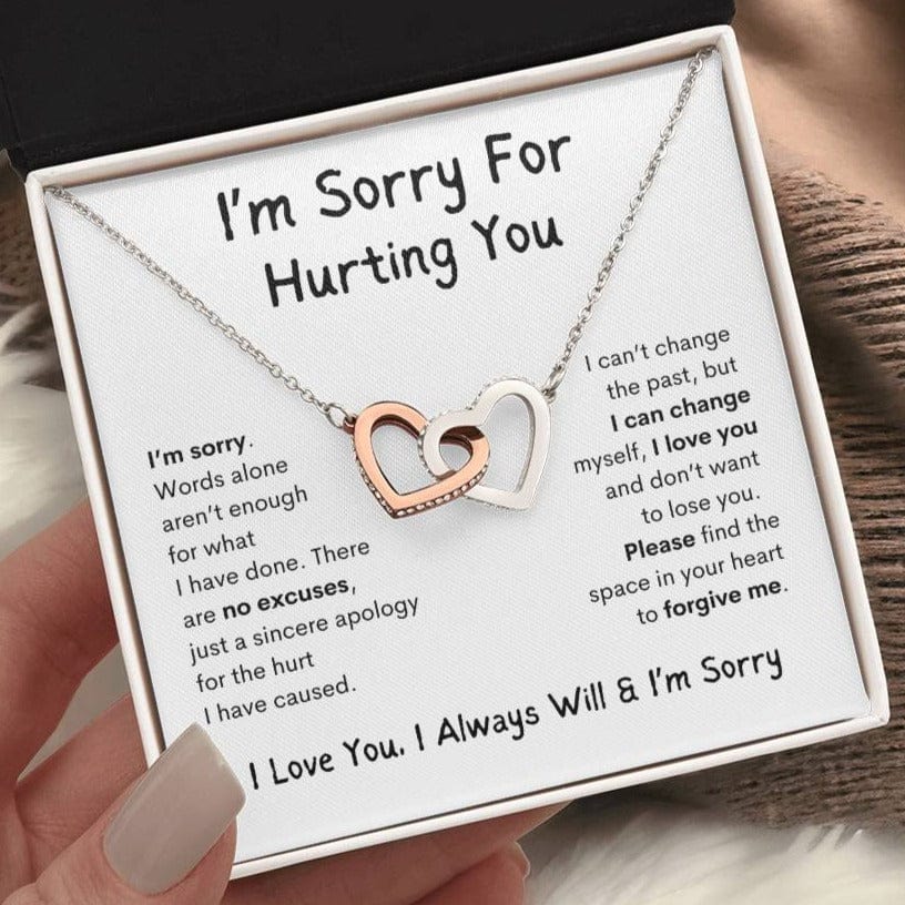 I'm Sorry | Interlocking Hearts Necklace - Polished Stainless Steel & Rose Gold Finish / Standard Box Shoptopia Jewelry