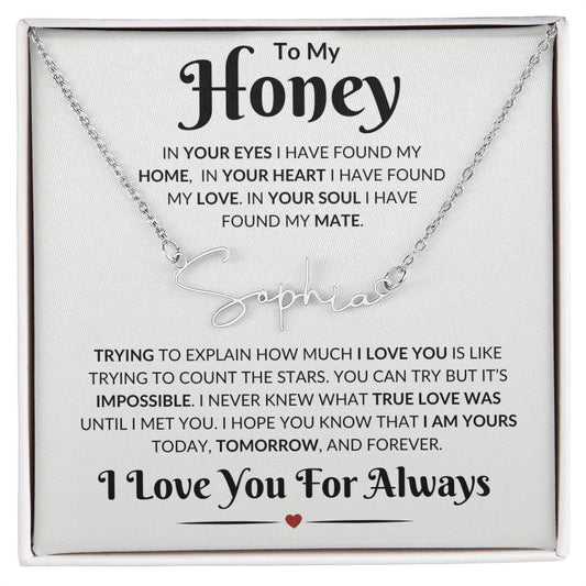 Honey "Found My Home" | Signature Style Name Necklace - Polished Stainless Steel / Standard Box Shoptopia Jewelry