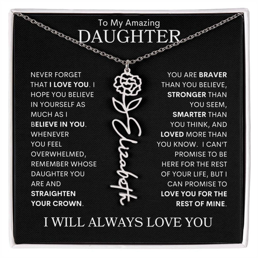 To My Daughter | Flower Name Necklace | Black - Polished Stainless Steel / Standard Box / January Shoptopia Jewelry