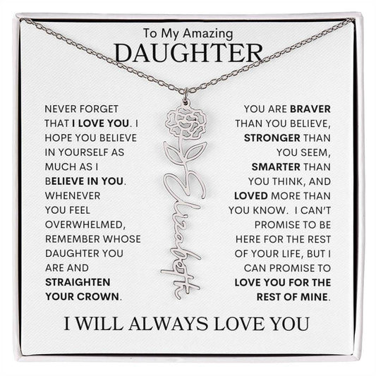 To My Daughter | Flower Name Necklace | White - Polished Stainless Steel / Standard Box / January Shoptopia Jewelry