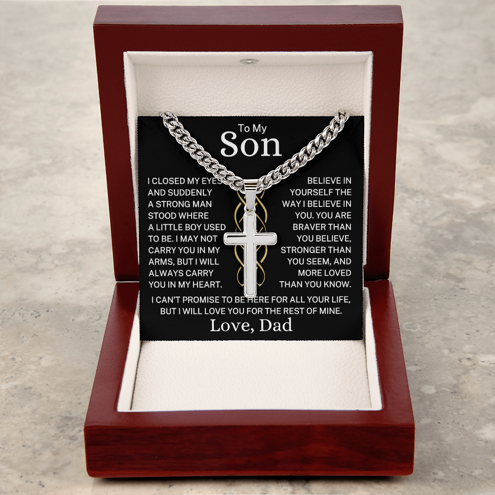 Gift for My Son Love Dad "Suddenly A Strong Man" | Artisan Cross with Cuban Chain Necklace