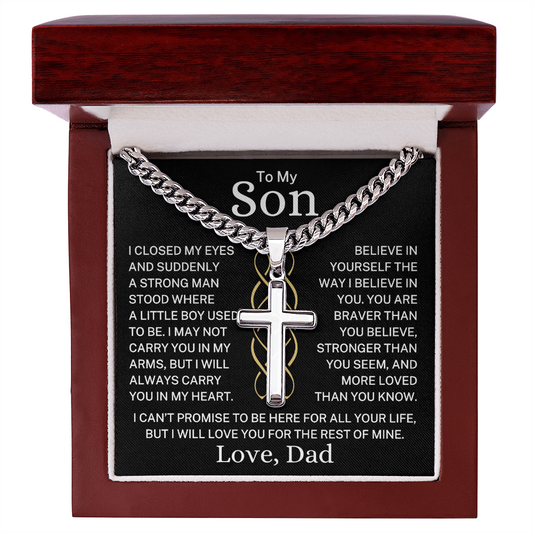 Gift for My Son Love Dad "Suddenly A Strong Man" | Artisan Cross with Cuban Chain Necklace