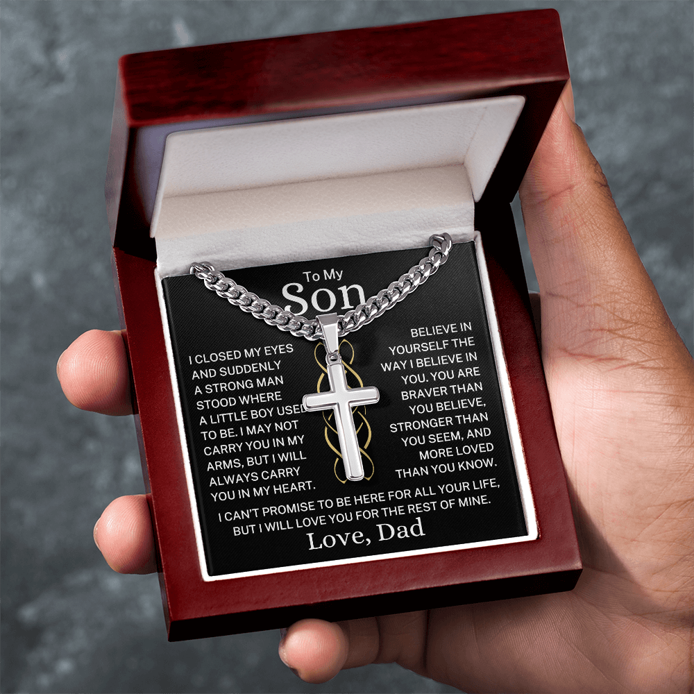 Gift for My Son Love Dad "Suddenly A Strong Man" | Artisan Cross with Cuban Chain Necklace