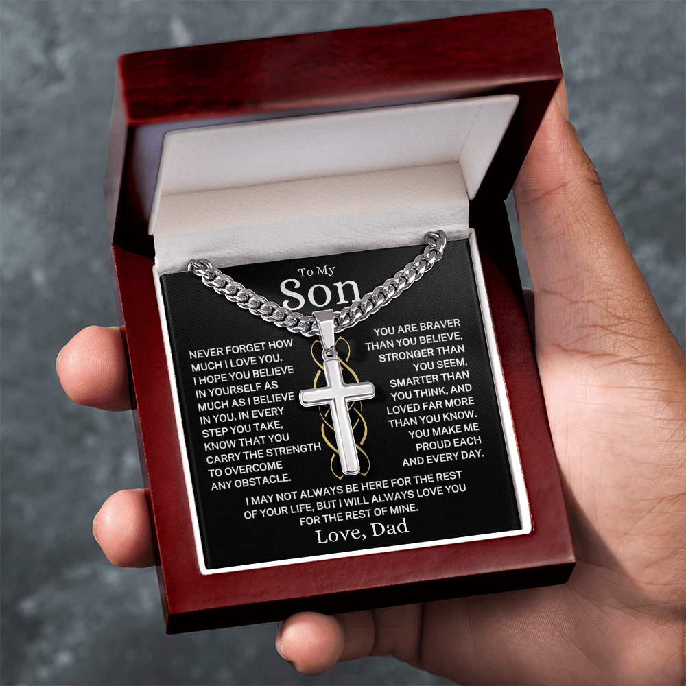 Gift for My Son Love Dad "Make Me Proud Each and Every Day" | Artisan Cross with Cuban Chain Necklace
