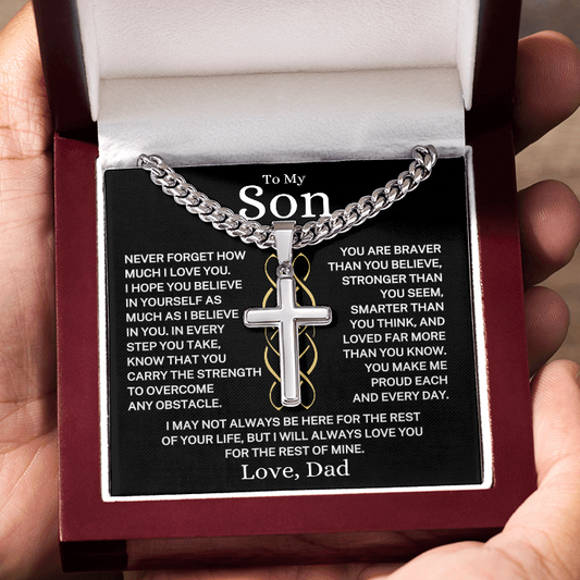 Gift for My Son Love Dad "Make Me Proud Each and Every Day" | Artisan Cross with Cuban Chain Necklace