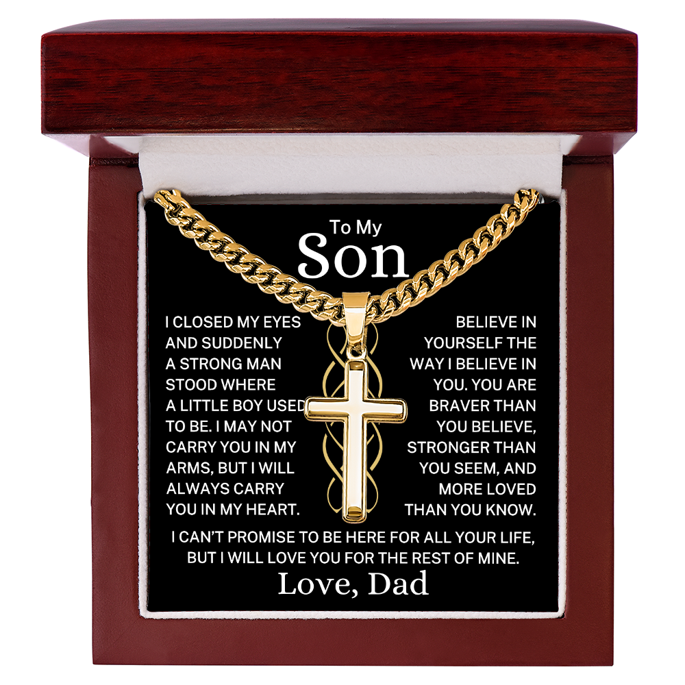 Gift for My Son Love Dad "Suddenly A Strong Man" | Artisan Cross with Cuban Chain Necklace
