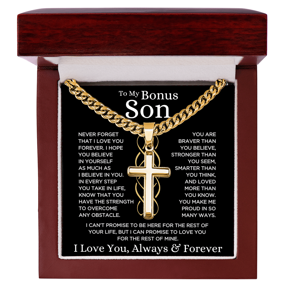 Gift for Bonus Son "Make Me Proud" | Cuban Chain with Artisan Cross