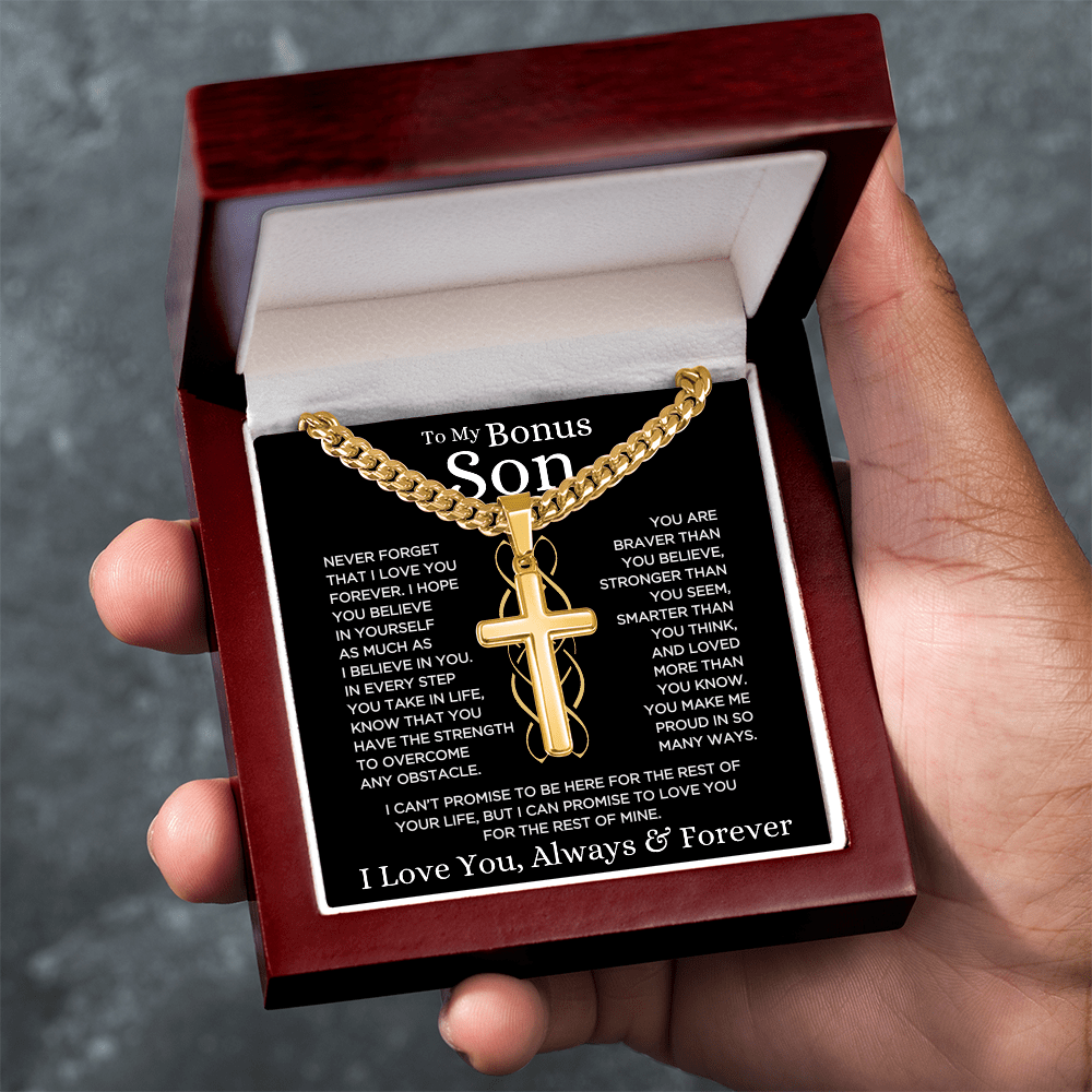 Gift for Bonus Son "Make Me Proud" | Cuban Chain with Artisan Cross
