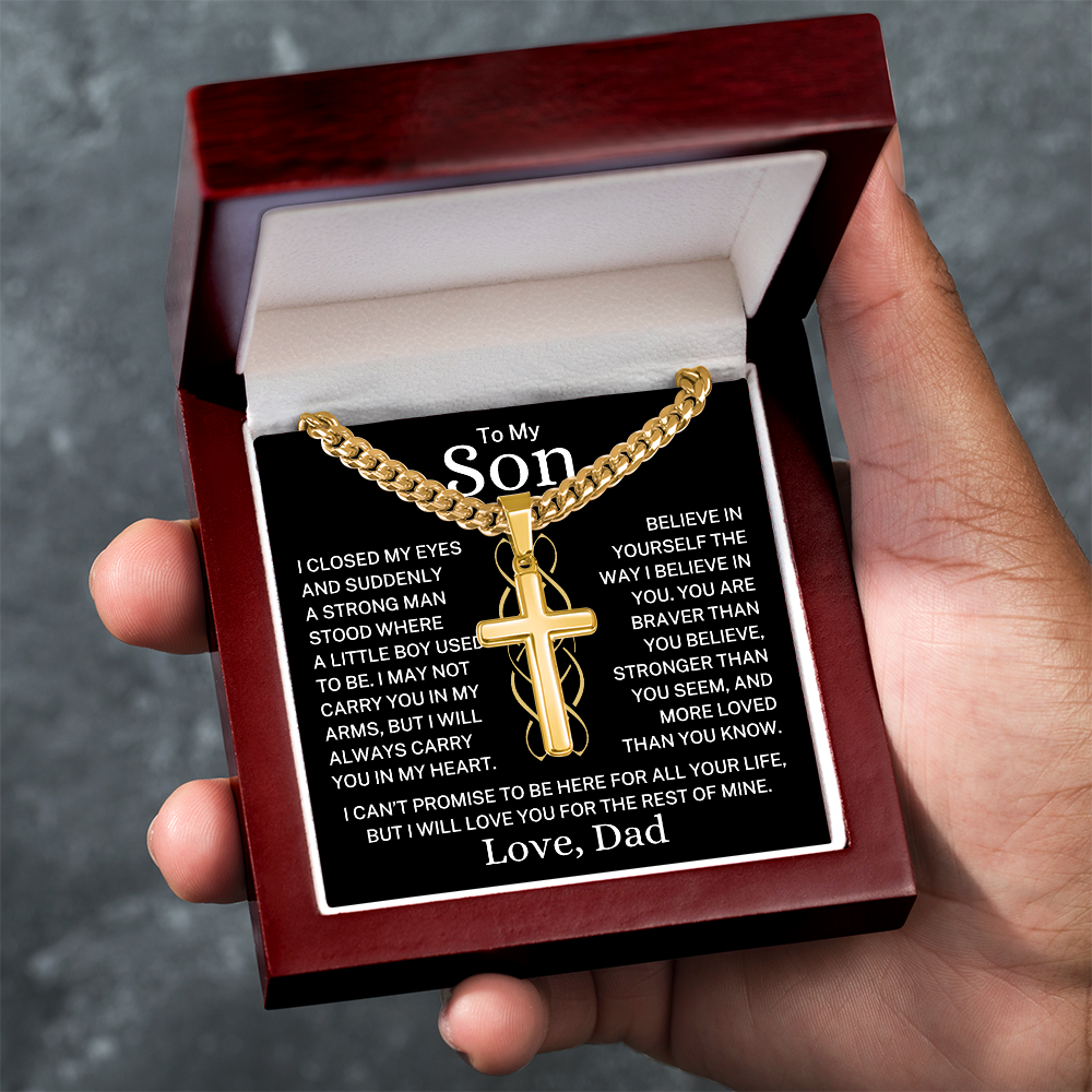 Gift for My Son Love Dad "Suddenly A Strong Man" | Artisan Cross with Cuban Chain Necklace