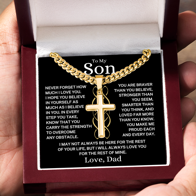 Gift for My Son Love Dad "Make Me Proud Each and Every Day" | Artisan Cross with Cuban Chain Necklace