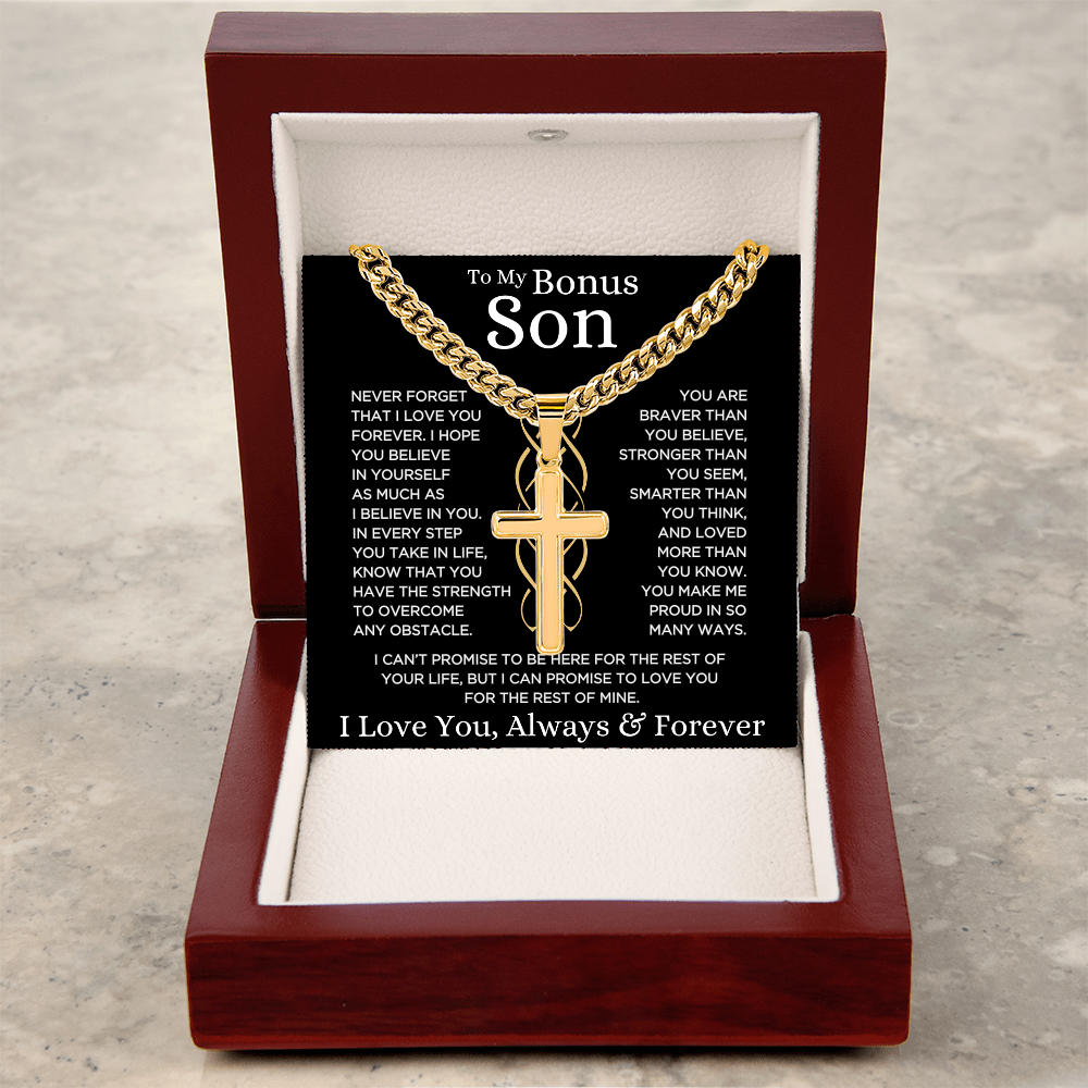 Gift for Bonus Son "Make Me Proud" | Cuban Chain with Artisan Cross