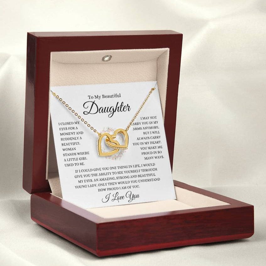 To My Daughter | Wreath | Interlocking Hearts Necklace - 18K Yellow Gold Finish / Luxury Mahogany Box with LED Lights Shoptopia Jewelry