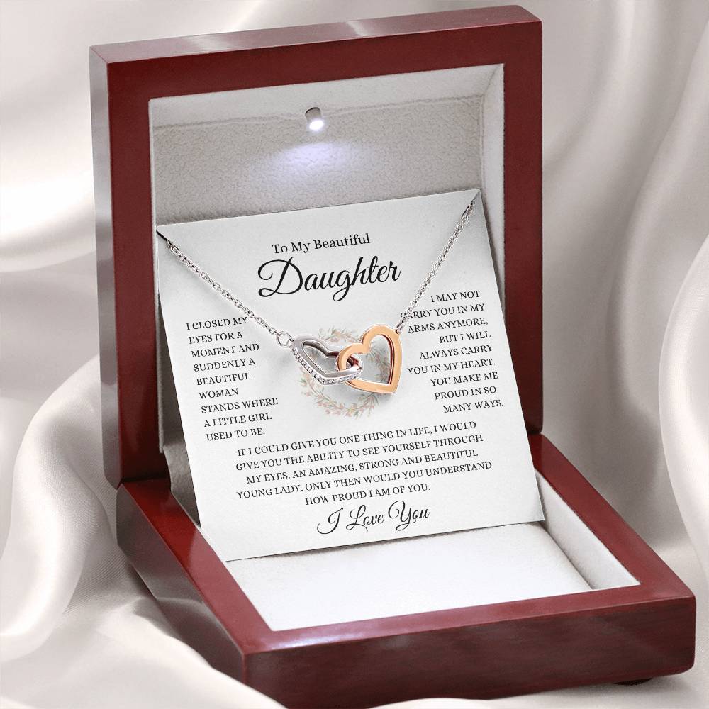 To My Daughter | Wreath | Interlocking Hearts Necklace - Polished Stainless Steel & Rose Gold Finish / Luxury Mahogany Box with LED Lights Shoptopia Jewelry